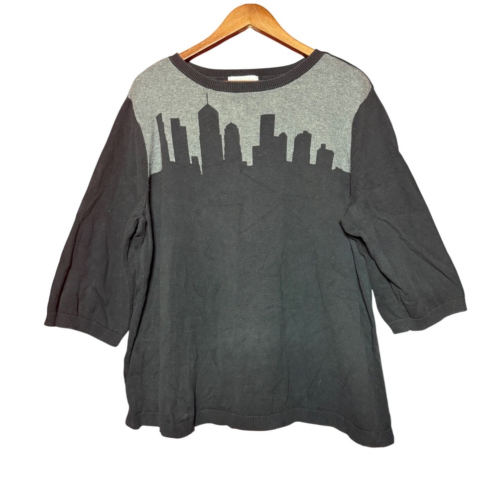CJ Banks Skyline Graphic Sweater Women 2X Black Grey Excellent 3/4 Sleeve Knit